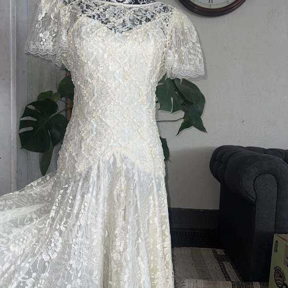 Vintage Ivory Ceam Lace Sequin Party Dress drop waist Sz 4 Bride shuet young - Picture 6 of 9